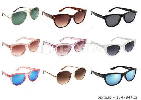 Png set of stylish sunglasses in various colors and shapes isolated on transparent background. concept of eyewear fashion, summer accessories, sun protection collection. 134794412
