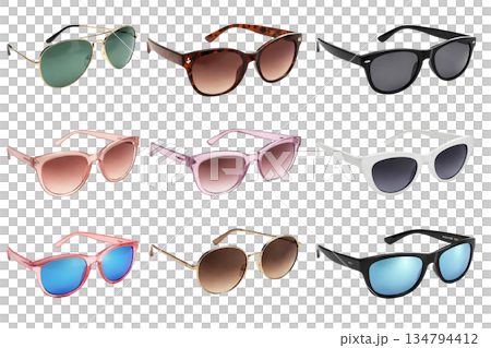 Png set of stylish sunglasses in various colors and shapes isolated on transparent background. concept of eyewear fashion, summer accessories, sun protection collection. Png set of stylish sunglasses in various colors and shapes isolated on transparent background. concept of eyewear fashion, summer accessories, sun protection collection. 134794412