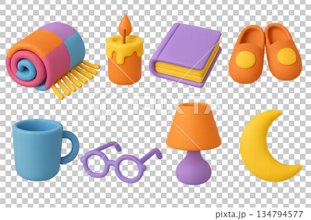 Png cozy evening essentials with colorful blanket, candle, book, slippers isolated on transparent background. concept of relaxation, home comfort, warm atmosphere, simple decor 134794577