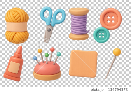 Png cute craft set with colorful knitting, sewing, and crafting tools isolated on transparent background. concept of diy activities, creative decor, hobby supplies illustration Png cute craft set with colorful knitting, sewing, and crafting tools isolated on transparent background. concept of diy activities, creative decor, hobby supplies illustration 134794578
