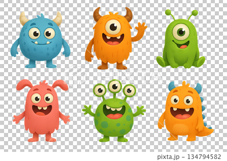 Cute cartoon monsters with playful expressions in various colors isolated on transparent background. concept of fun characters, children's illustrations, monster clip art design 134794582