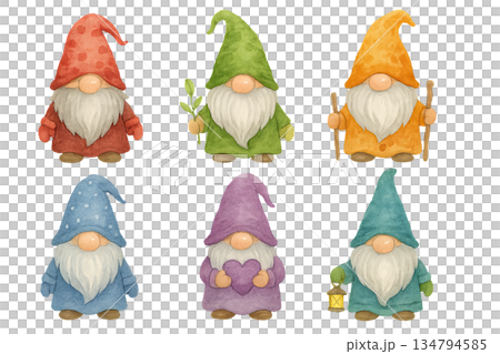 Png collection of charming gnomes in colorful attire isolated on transparent background. concept of whimsical characters, fairy decor, fantasy garden elements, playful design 134794585