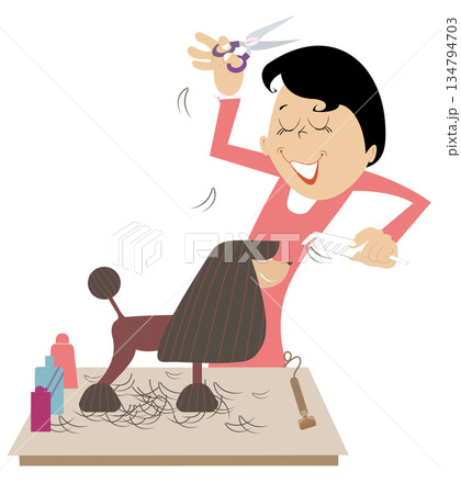 Woman grooming of the dog illustration. Smiling barber woman cuts hair of the dog isolated on white	 134794703