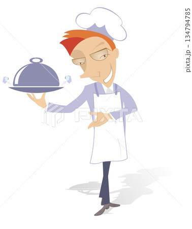 Smiling cook holds a tray with food illustration. Cartoon cook holds a tray with food isolated on white	 134794785