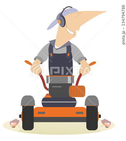 Cartoon lawnmower illustration. Comic smiling lawnmower mows the lawn isolated on white	 134794786