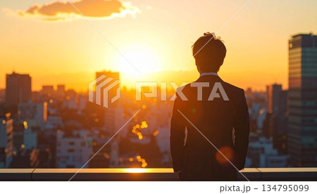 夕焼けを見つめるビジネスマン 夕焼けを見つめるビジネスマン 134795099
