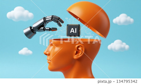 Robot inserting artificial intelligence chip into stylized human head - ai generated 134795342