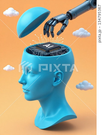 Robot inserting artificial intelligence chip into stylized human head - ai generated 134795367