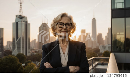 Confident senior businesswoman on city rooftop - ai generated 134795416