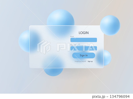 Light glass morphism login interface with blue spheres 134796094