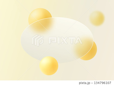Light abstract glassmorphism background with frosted oval panel and soft yellow spheres. 134796107