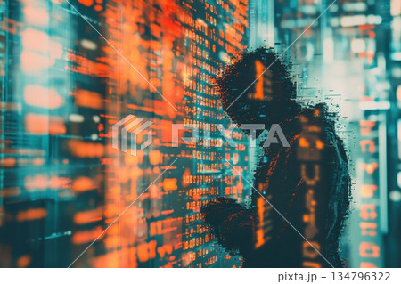 Futuristic AI-Powered Digital Display with Intricate Patterns and Human Silhouette 134796322