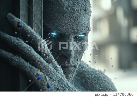 Sleek humanoid robot partially covered in digital elements with glowing features and texture Sleek humanoid robot partially covered in digital elements with glowing features and texture 134796360