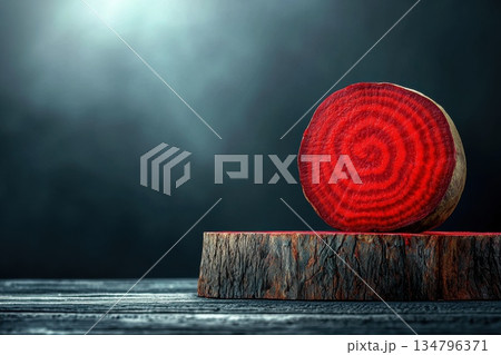 Richly Colored Beetroot Slices Highlighting Mesmerizing Patterns in Wood 134796371