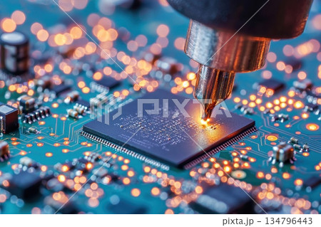 High Resolution Macro Shot of Circuit Board with Glowing Components and Close-up Details High Resolution Macro Shot of Circuit Board with Glowing Components and Close-up Details 134796443