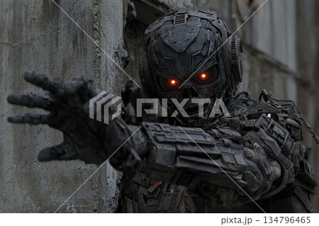 Sleek Humanoid Robot Design with Digital Elements and Striking Red Eyes in Urban Setting 134796465