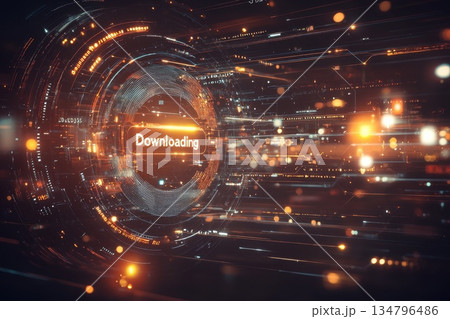 Futuristic Cyber Composition with Giant Downloading Icon and Dynamic Light Trails 134796486