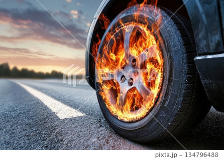 Futuristic Concept of a Summer Tire on Fire in a Dramatic Landscape 134796488