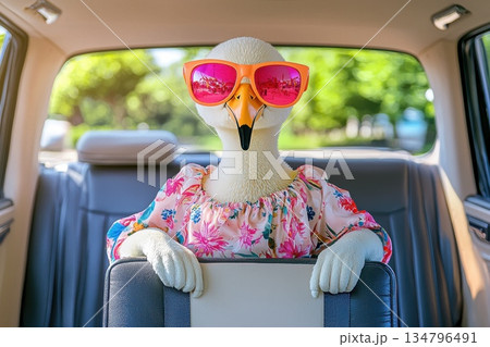 Fashionable Flamingo Wearing Oversized Pink Sunglasses in a Car Interior 134796491