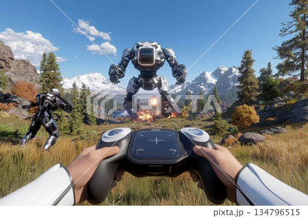 Player Engages in Sci-Fi Gaming Adventure in Futuristic World with Robots and Stunning Landscape 134796515