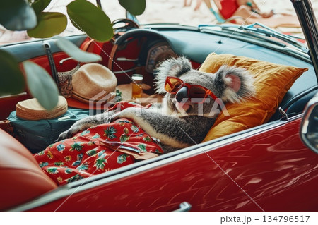 Sleepy Koala in Oversized Sunglasses Relaxing in a Vintage Car Interior on a Beach 134796517