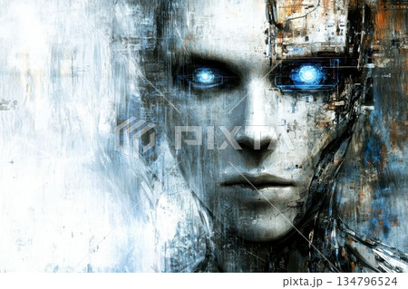 Sleek Humanoid Robot with Digital Features and Illuminated Eyes in Abstract Artwork Sleek Humanoid Robot with Digital Features and Illuminated Eyes in Abstract Artwork 134796524