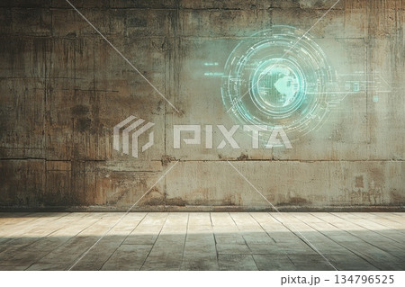 Surreal Minimalist Design Featuring Floating AI Elements on Grungy Wall Background Surreal Minimalist Design Featuring Floating AI Elements on Grungy Wall Background 134796525