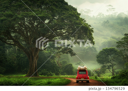 Adventurous red vehicle navigating off-road paths with luggage secured on top amidst lush greenery Adventurous red vehicle navigating off-road paths with luggage secured on top amidst lush greenery 134796529