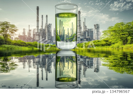 Glass of Pure Water Held Up Against Polluted Industry Landscape Reflection 134796567