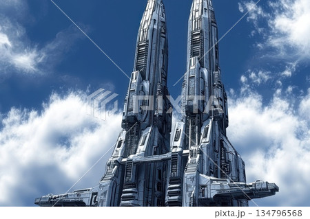 Futuristic Space Elevator Concept Stretching Upwards Towards the Sky 134796568