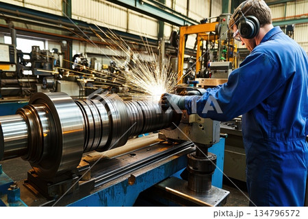 Skilled Technician in Blue Jumpsuit Operating Machinery with Sparks Flying 134796572