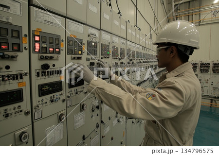Skilled Technician Inspecting Digital Control Panels in Industrial Environment Skilled Technician Inspecting Digital Control Panels in Industrial Environment 134796575