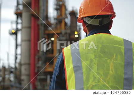 Safety Officer in Reflective Vest Observing Industrial Site Operations 134796580
