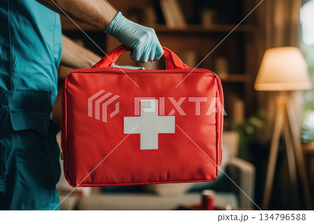 Gloved Hand Reaching for Emergency First Aid Kit in Indoor Setting with Soft Lighting Gloved Hand Reaching for Emergency First Aid Kit in Indoor Setting with Soft Lighting 134796588