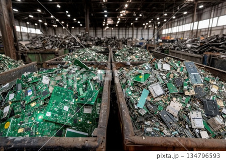 Neatly Organized Warehouse with Sorted Electronic Waste in Recyclable Containers Neatly Organized Warehouse with Sorted Electronic Waste in Recyclable Containers 134796593