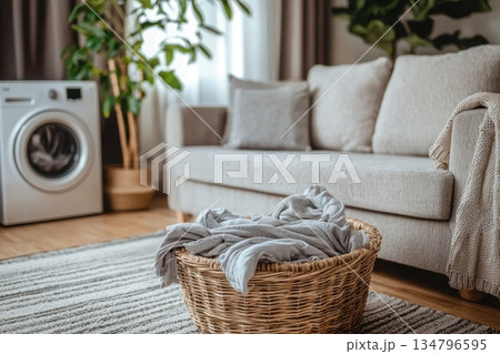 Elegant Modern Home Interior Showcasing Stylish Living Room with AI-Powered Features 134796595