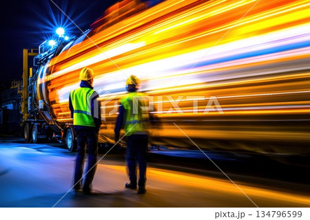 Workers in Helmets and Reflective Vests Walking Along Night Street with Moving Lights Workers in Helmets and Reflective Vests Walking Along Night Street with Moving Lights 134796599