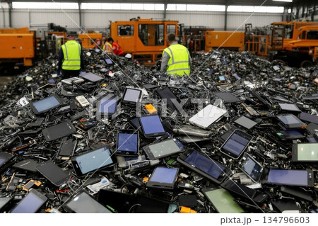 Giant Pile of Discarded Smartphones and Tablets in a Recycling Facility with Workers Sorting Devices 134796603