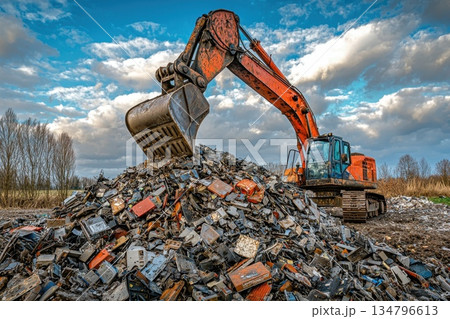 Industrial Excavator Lifting Discarded Metal in Scrap Yard under Dramatic Sky 134796613