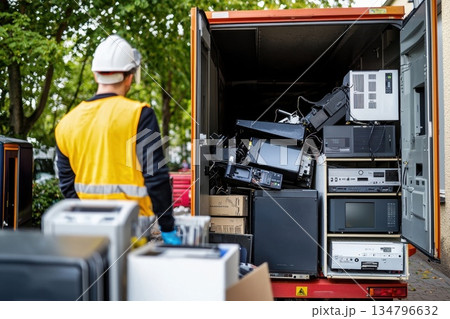 Worker Unloading Electronic Waste Into Recycling Facility from Truck for Proper Disposal 134796632