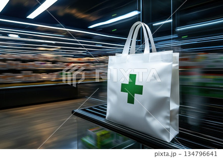 Clear Pharmacy Bag with Green Cross Icon in Modern Store Interior 134796641