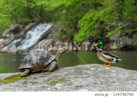 Joyful Duck and Wise Old Tortoise by a Tranquil Waterfall in a Lush Green Environment Joyful Duck and Wise Old Tortoise by a Tranquil Waterfall in a Lush Green Environment 134796700