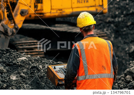 Worker in Orange Safety Vest and Helmet Operating Remote Control on Construction Site Worker in Orange Safety Vest and Helmet Operating Remote Control on Construction Site 134796701