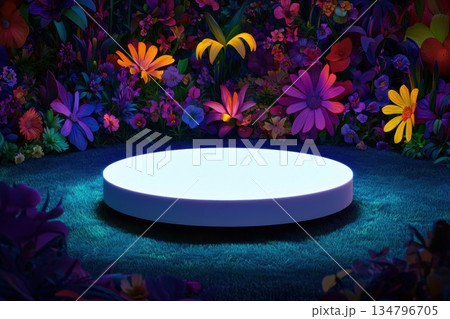 Tiered White Showcase Platform Surrounded by Vibrantly Colored Flowers in Nature 134796705