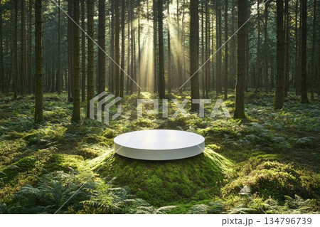 Round White Display Platform Surrounded by Lush Greenery in Serene Forest Setting Round White Display Platform Surrounded by Lush Greenery in Serene Forest Setting 134796739