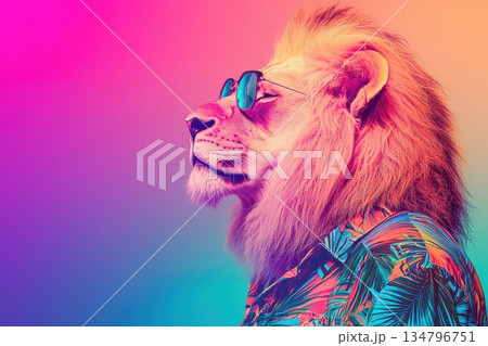 Dabbing Lion in Sunglasses with Stylish Colorful Background in Studio Setting Dabbing Lion in Sunglasses with Stylish Colorful Background in Studio Setting 134796751