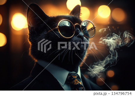 Stylish Cat in Tailored Tuxedo with Sunglasses Against a Bokeh Background Stylish Cat in Tailored Tuxedo with Sunglasses Against a Bokeh Background 134796754