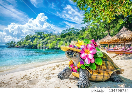Tortoise in Sunhat with Floral Decoration on Beach Under Blue Sky 134796784