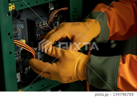 Gloved Hands Connecting Solar Panel Components in an Electrical Setup 134796789