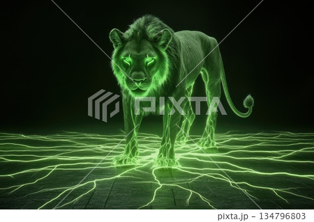 Glowing Energy Grid Interwoven with Lush Roots of a Majestic Tree and a Lion Glowing Energy Grid Interwoven with Lush Roots of a Majestic Tree and a Lion 134796803